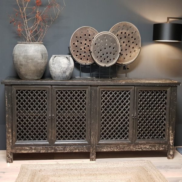 Vintage zwart 4-deurs dressoir grid