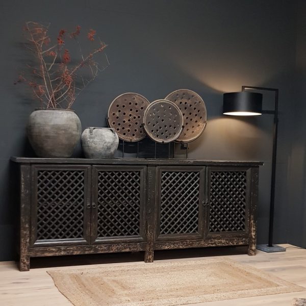 Vintage zwart 4-deurs dressoir grid