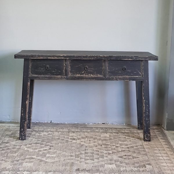 oud houten wandtafel met 3 lades zwart