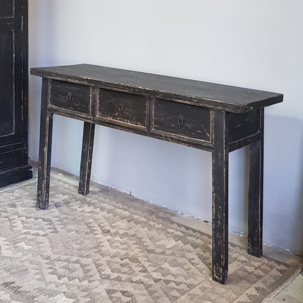 oud houten wandtafel met 3 lades zwart