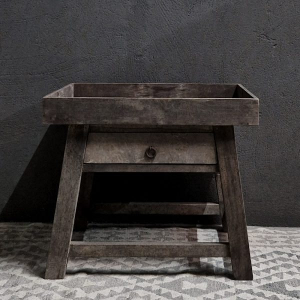 Bijzet tafel + 1 lade + opzet rand - recycled teak antique grey