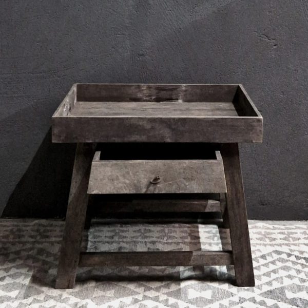 Bijzet tafel + 1 lade + opzet rand - recycled teak antique grey