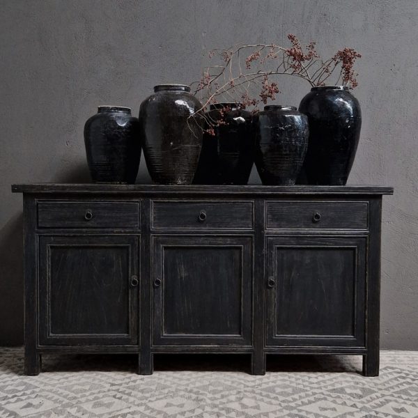 Zwart vintaged dressoir 3-laden, 3-deuren