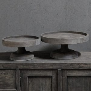 Ronde fruitschaal op voet - recycled teak antique grey