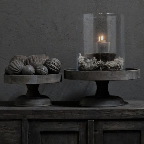 Ronde fruitschaal op voet - recycled teak antique grey