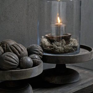 Ronde fruitschaal op voet - recycled teak antique grey